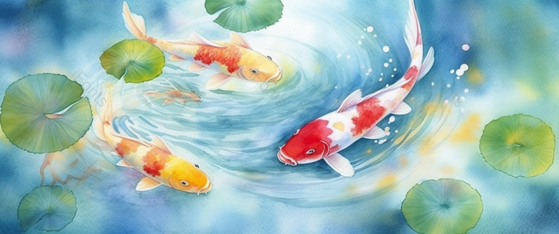 手绘水彩池塘里锦鲤金鱼游泳卡通插画背景,插画/手绘图,插画/手绘图库,插画/手绘图下载,插画/手绘